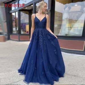 Customized Navy Blue V-neck Vestido De Fiesta Noche Prom Party Evening Dresses Robe De Soiree Gown Frock Long Soft Tulle Lace-up
