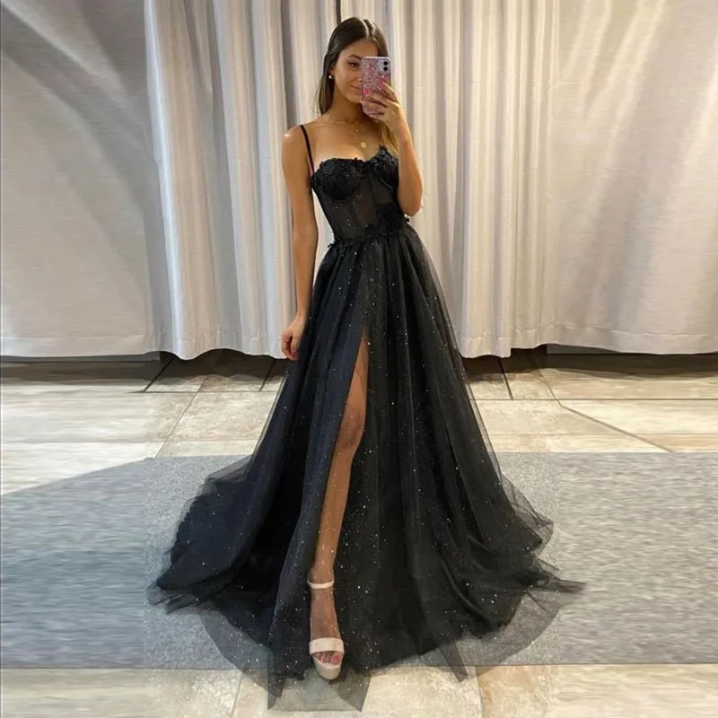 New Style Lace Tulle Prom Dresses Spaghetti Straps Sexy High Slit Long Formal Gowns Vestidos De Noche Largos Elegantes 2024 - Image 3