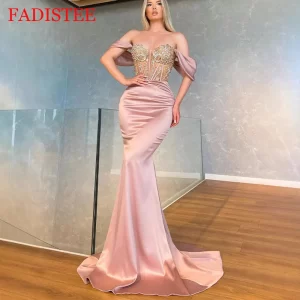 Customized Beading Crystal Satin Mermaid Evening Dress Off Shoulder Prom Gowns Dubai Women Pleats Formal Party Vestidos De noche