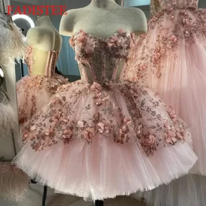 Glittering 3D Flowers Dress Ball Gown Short Quinceanera Dresses Sweetheart Party Evening Dress Lace Corset 2025