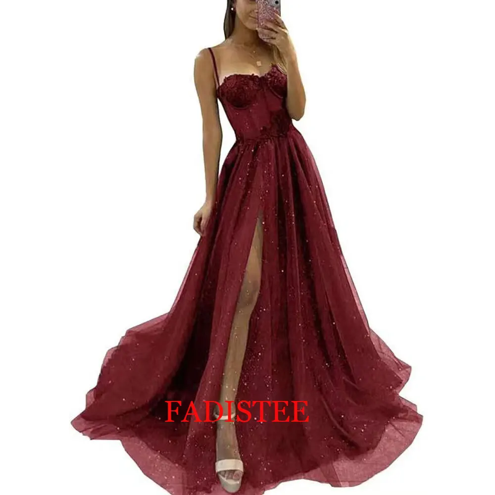 New Style Lace Tulle Prom Dresses Spaghetti Straps Sexy High Slit Long Formal Gowns Vestidos De Noche Largos Elegantes 2024