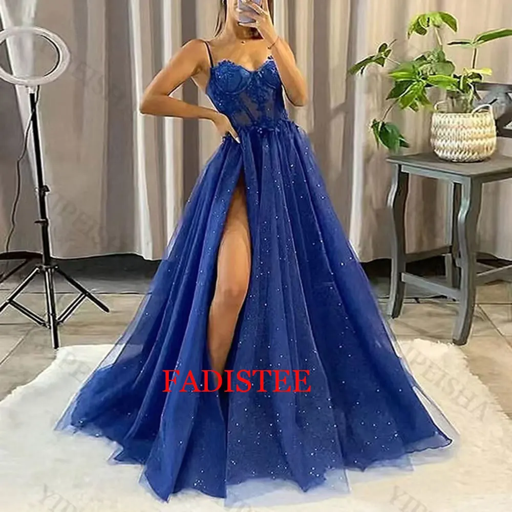 New Style Lace Tulle Prom Dresses Spaghetti Straps Sexy High Slit Long Formal Gowns Vestidos De Noche Largos Elegantes 2024 - Image 4